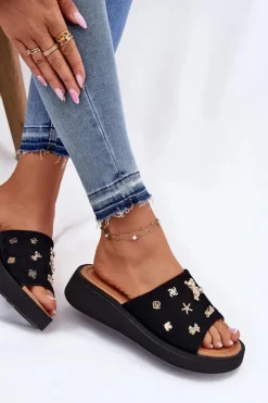 Buty damskie Vinceza Zamszowe Klapki Damskie Z Przypinkami Vinceza 66741 Czarne Czarny