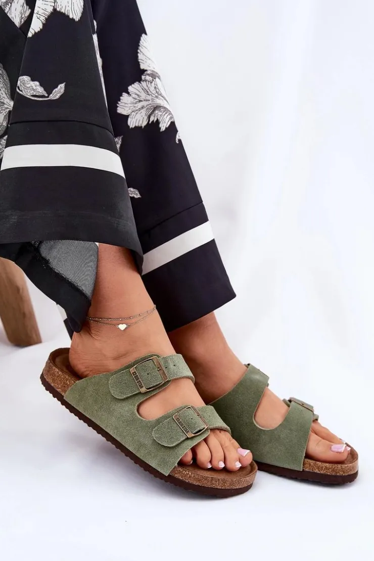 Best Big Star Shoes Zamszowe Klapki Damskie Z Klamrami Big Star RR274A393 Zielone Zielony