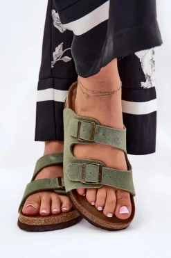 Best Big Star Shoes Zamszowe Klapki Damskie Z Klamrami Big Star RR274A393 Zielone Zielony