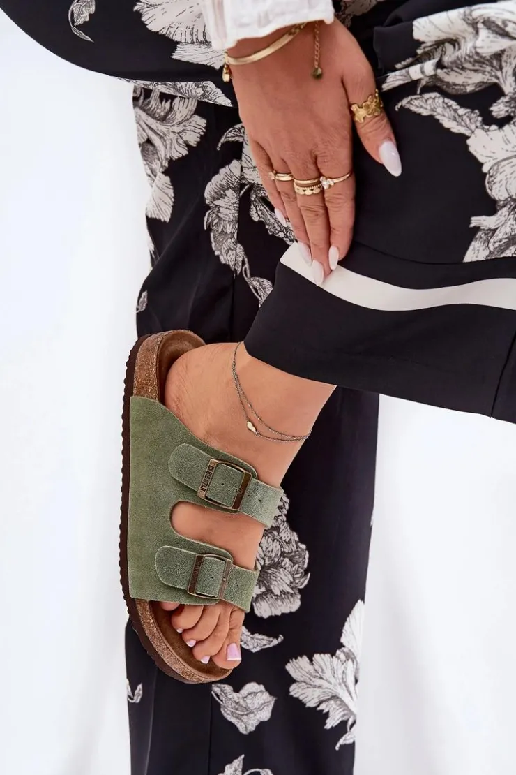 Best Big Star Shoes Zamszowe Klapki Damskie Z Klamrami Big Star RR274A393 Zielone Zielony