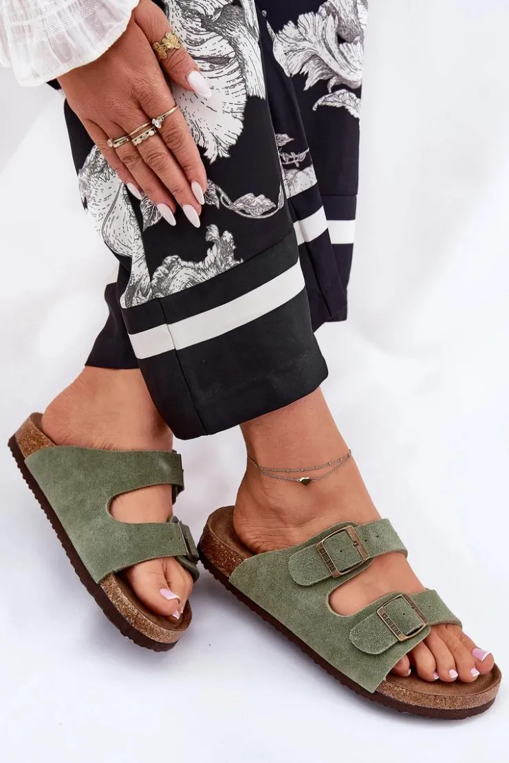 Best Big Star Shoes Zamszowe Klapki Damskie Z Klamrami Big Star RR274A393 Zielone Zielony