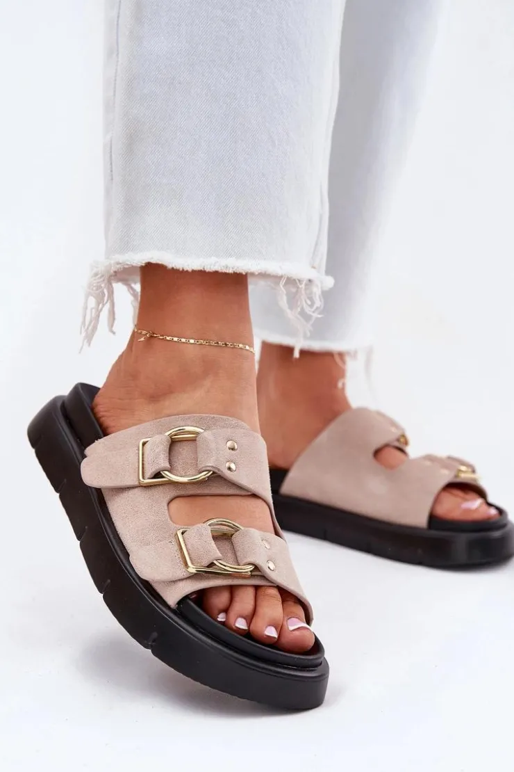 Clearance Big Star Shoes Zamszowe Klapki Damskie Z Ozdobnymi Klamrami Big Star RR274659 Jasnoróżowe Różowy