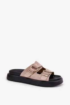 Clearance Big Star Shoes Zamszowe Klapki Damskie Z Ozdobnymi Klamrami Big Star RR274659 Jasnoróżowe Różowy