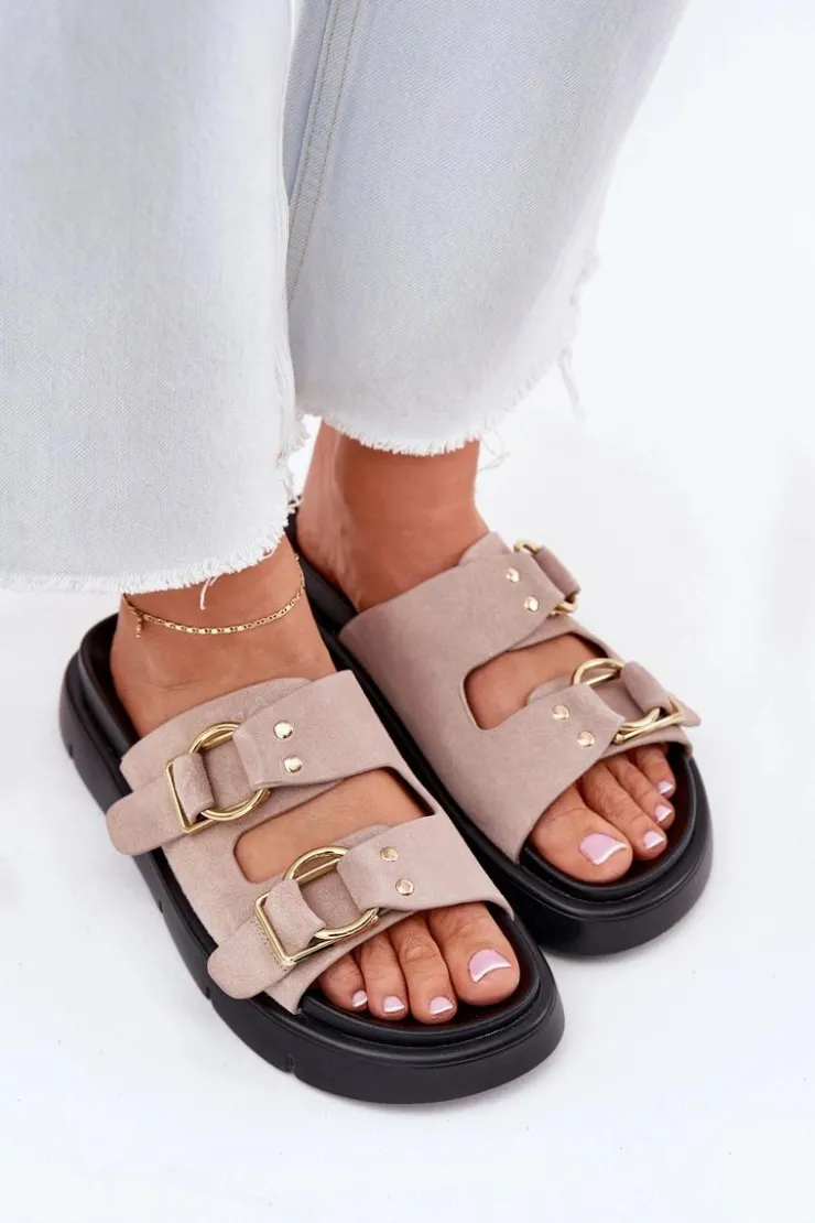 Clearance Big Star Shoes Zamszowe Klapki Damskie Z Ozdobnymi Klamrami Big Star RR274659 Jasnoróżowe Różowy