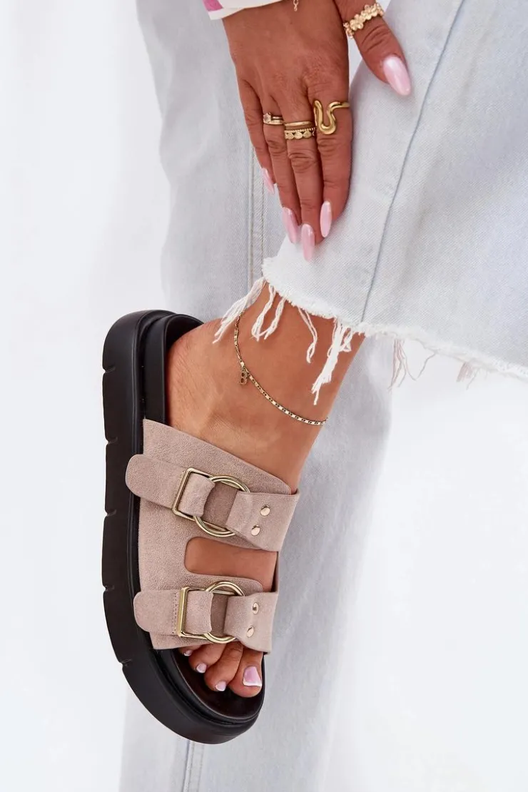 Clearance Big Star Shoes Zamszowe Klapki Damskie Z Ozdobnymi Klamrami Big Star RR274659 Jasnoróżowe Różowy