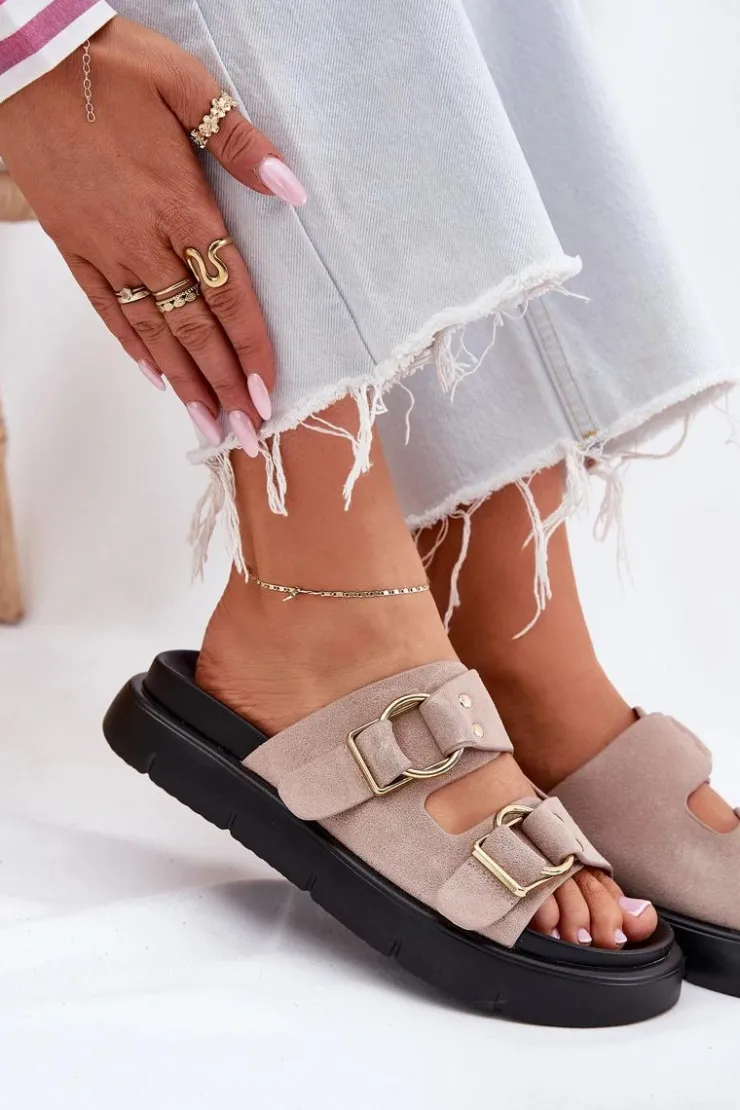 Clearance Big Star Shoes Zamszowe Klapki Damskie Z Ozdobnymi Klamrami Big Star RR274659 Jasnoróżowe Różowy