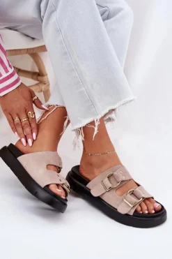 Clearance Big Star Shoes Zamszowe Klapki Damskie Z Ozdobnymi Klamrami Big Star RR274659 Jasnoróżowe Różowy