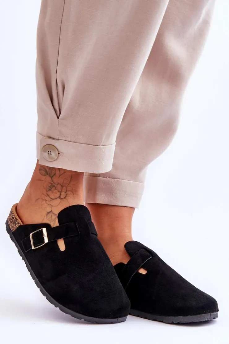 Damskie Boto Zamszowe Klapki Na Korkowej Platformie Czarne Vellma