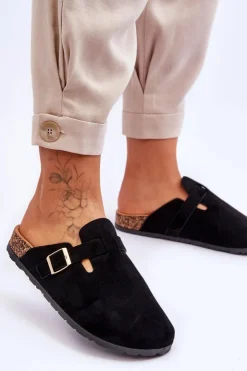 Damskie Boto Zamszowe Klapki Na Korkowej Platformie Czarne Vellma