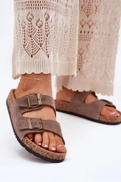 New Boto Zamszowe Klapki Na Korkowej Podeszwie Z Klamrami Ciemnobeżowe Tavira