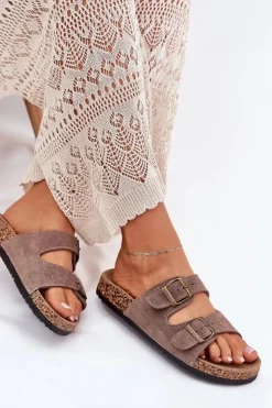 New Boto Zamszowe Klapki Na Korkowej Podeszwie Z Klamrami Ciemnobeżowe Tavira