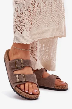 New Boto Zamszowe Klapki Na Korkowej Podeszwie Z Klamrami Ciemnobeżowe Tavira