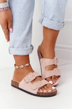 Damskie Boto Zamszowe Klapki Na Korkowej Podeszwie Jasnoróżowe Jennifer