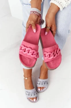 Damskie Boto Zamszowe Klapki Na Korkowej Podeszwie Różowe Makayla