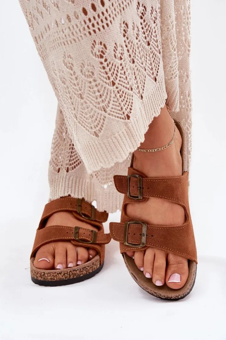 Boto Klapki Korkowe|Klapki Na Platformie*Zamszowe Klapki Na Korkowej Podeszwie Z Klamrami Camel Tavira