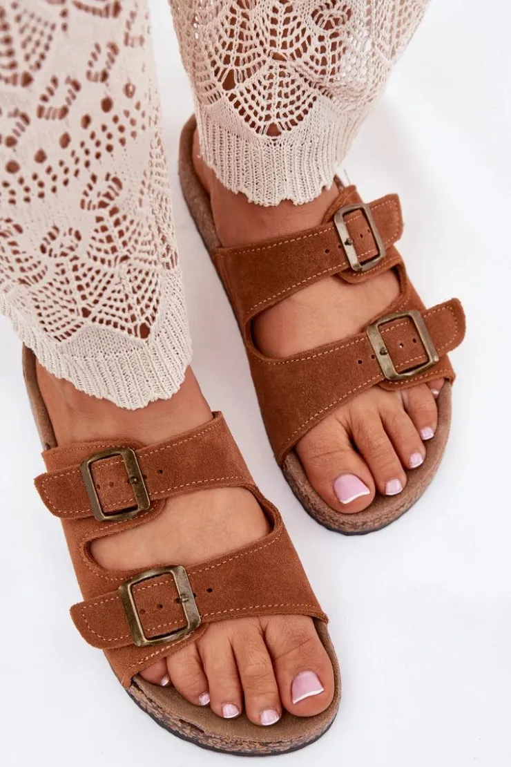 Boto Klapki Korkowe|Klapki Na Platformie*Zamszowe Klapki Na Korkowej Podeszwie Z Klamrami Camel Tavira