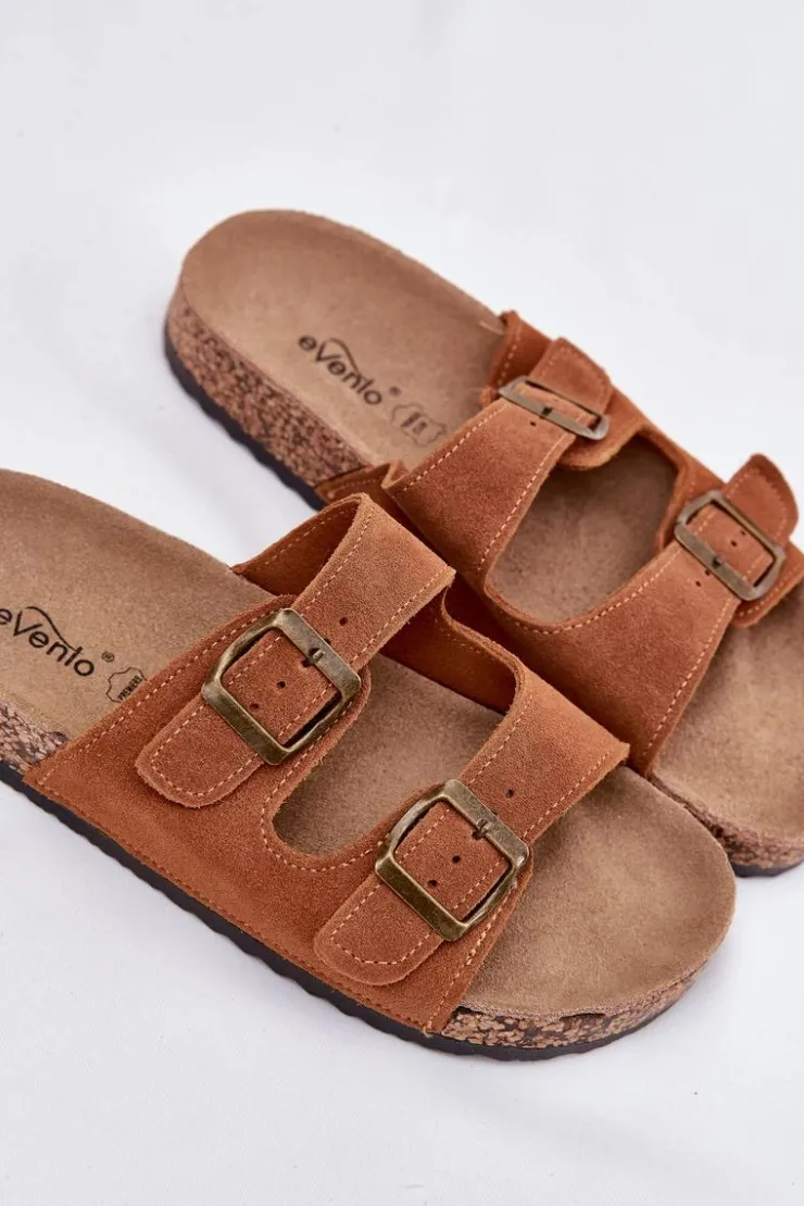 Boto Klapki Korkowe|Klapki Na Platformie*Zamszowe Klapki Na Korkowej Podeszwie Z Klamrami Camel Tavira