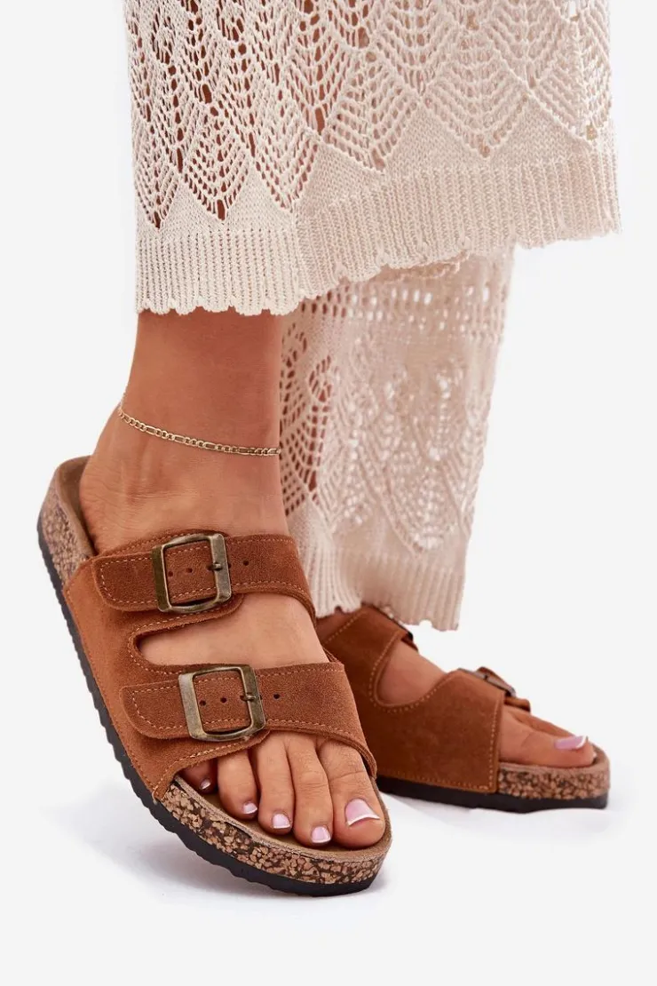 Boto Klapki Korkowe|Klapki Na Platformie*Zamszowe Klapki Na Korkowej Podeszwie Z Klamrami Camel Tavira