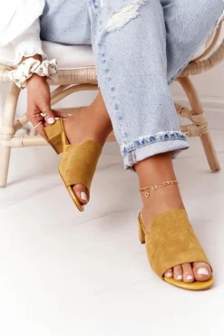 Damskie Buty Sergio Leone Zamszowe Klapki Na Obcasie Sergio Leone KL313 Żółte