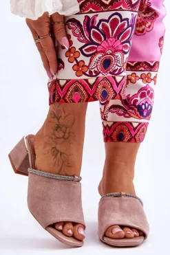 Damskie Damskie buty S.Barski Zamszowe Klapki Na Obcasie S.Barski KV-612-2 Beżowe