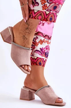 Damskie Damskie buty S.Barski Zamszowe Klapki Na Obcasie S.Barski KV-612-2 Beżowe