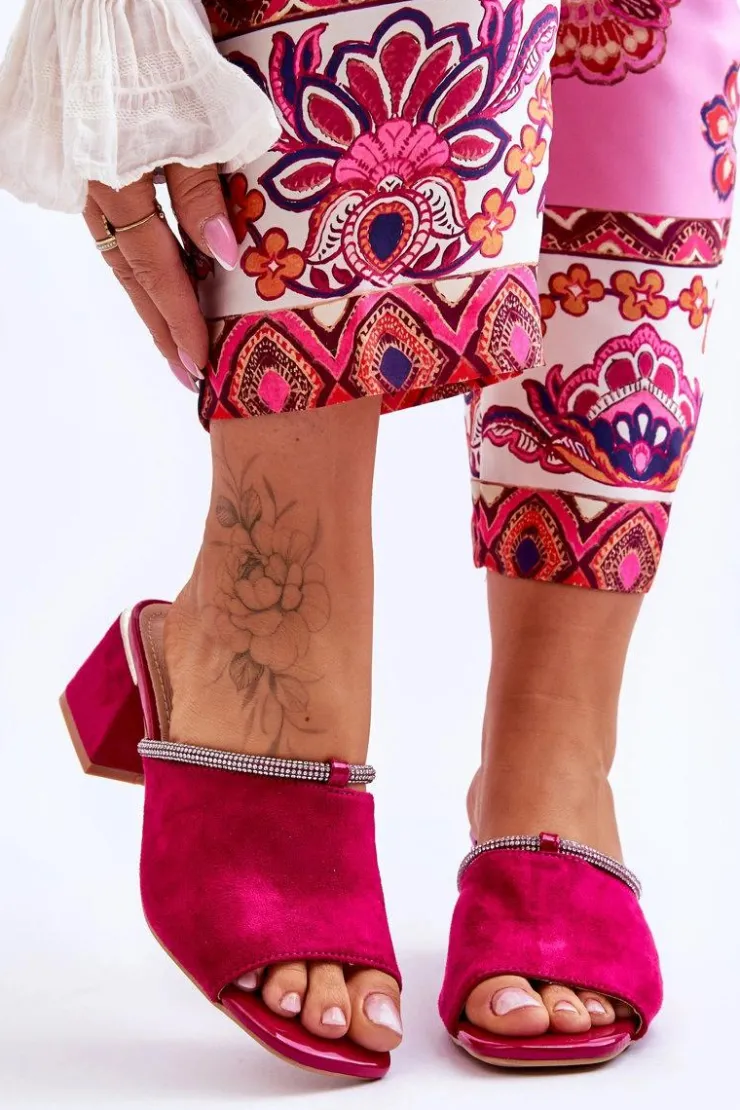 Damskie buty S.Barski Klapki Na Obcasie|Klapki Damskie Klasyczne*Zamszowe Klapki Na Obcasie S.Barski KV-612-2 Fuksja Różowy