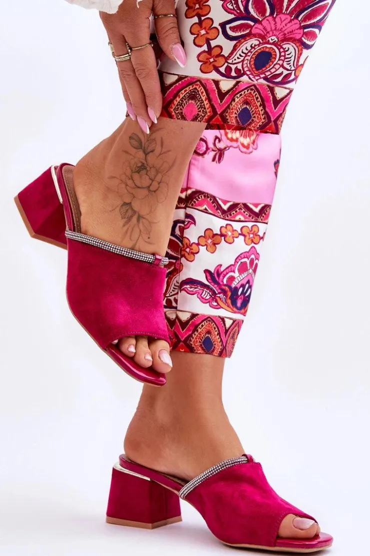 Damskie buty S.Barski Klapki Na Obcasie|Klapki Damskie Klasyczne*Zamszowe Klapki Na Obcasie S.Barski KV-612-2 Fuksja Różowy