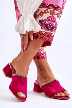 Damskie buty S.Barski Klapki Na Obcasie|Klapki Damskie Klasyczne*Zamszowe Klapki Na Obcasie S.Barski KV-612-2 Fuksja Różowy