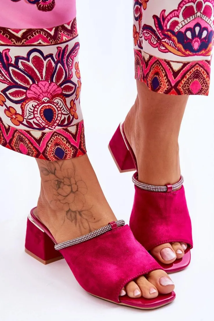 Damskie buty S.Barski Klapki Na Obcasie|Klapki Damskie Klasyczne*Zamszowe Klapki Na Obcasie S.Barski KV-612-2 Fuksja Różowy