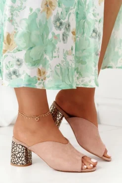 Damskie buty S.Barski Klapki Na Obcasie|Klapki Damskie Klasyczne*Zamszowe Klapki Na Obcasie S.Barski C420-15 Beżowe