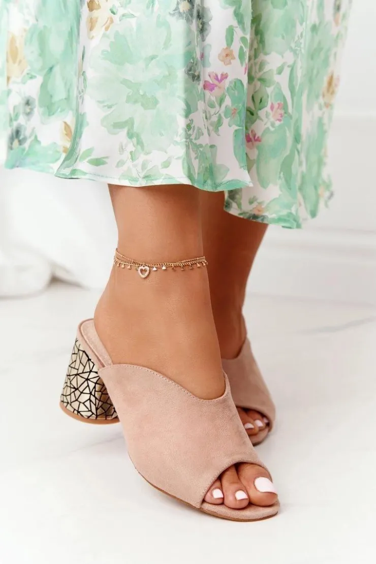 Damskie buty S.Barski Klapki Na Obcasie|Klapki Damskie Klasyczne*Zamszowe Klapki Na Obcasie S.Barski C420-15 Beżowe