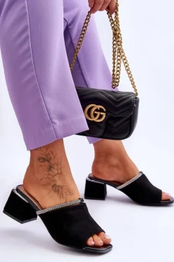 Damskie buty S.Barski Klapki Na Obcasie|Klapki Damskie Klasyczne*Zamszowe Klapki Na Obcasie S.Barski KV-612-2 Czarne