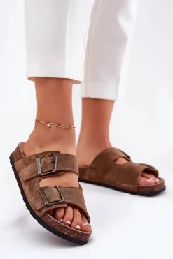 Damskie Panto Fino Zamszowe Klapki Z Klamrami Damskie RR267024 Brązowe