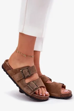 Damskie Panto Fino Zamszowe Klapki Z Klamrami Damskie RR267024 Brązowe