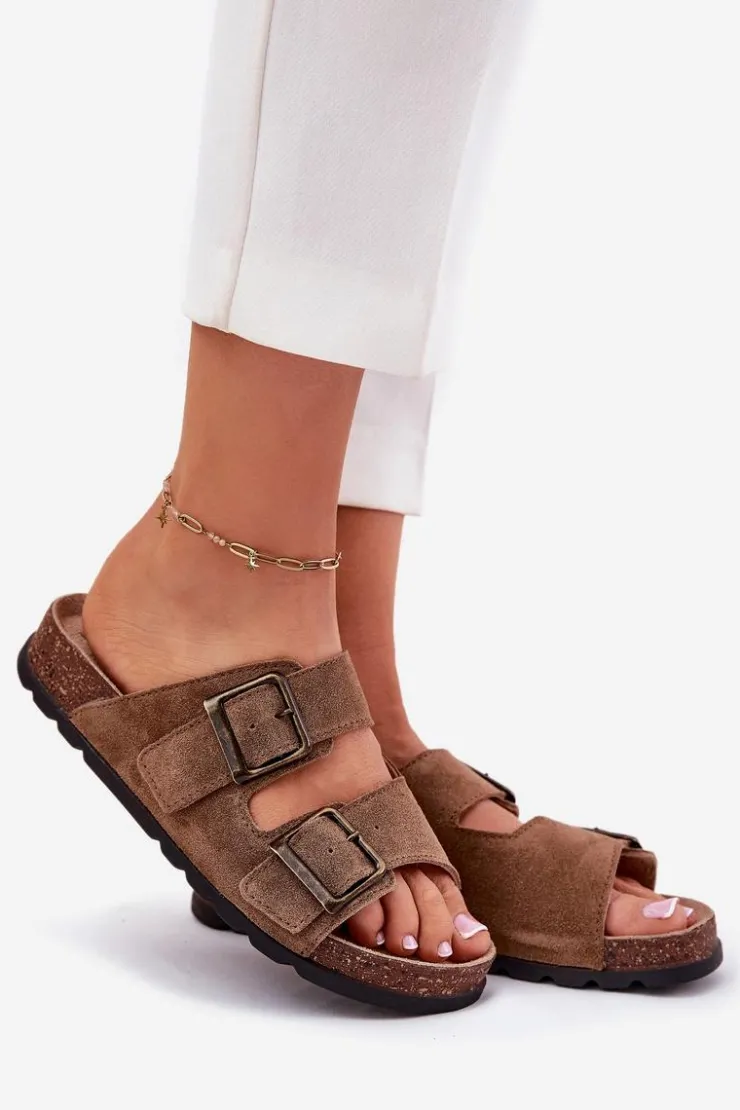 Damskie Panto Fino Zamszowe Klapki Z Klamrami Damskie RR267024 Brązowe