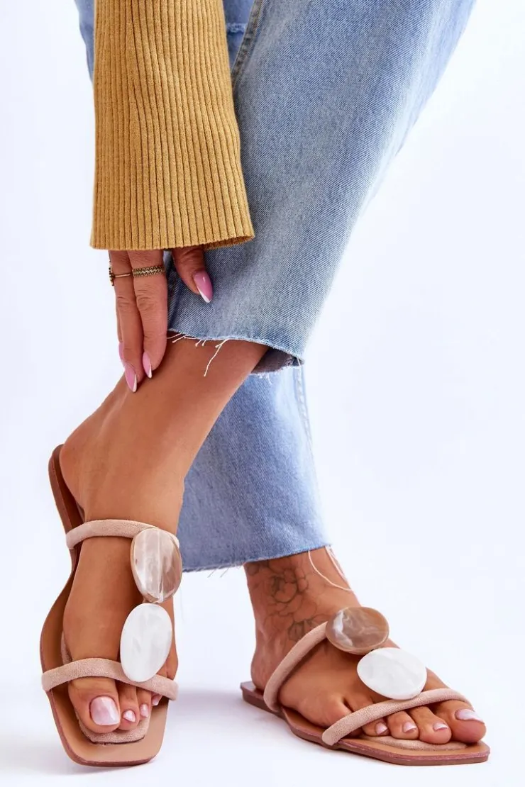 Sale Boto Zamszowe Klapki Z Ozdobami Nude Victoria