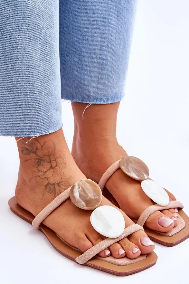 Sale Boto Zamszowe Klapki Z Ozdobami Nude Victoria