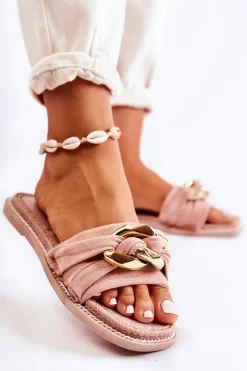 Boto Zamszowe Klapki Z Ozdobnym Łańcuchem Różowe Louie