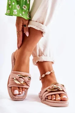 Boto Zamszowe Klapki Z Ozdobnym Łańcuchem Różowe Louie