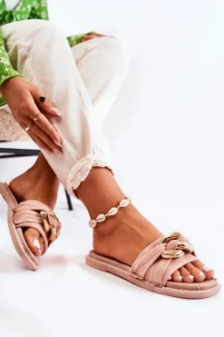 Boto Zamszowe Klapki Z Ozdobnym Łańcuchem Różowe Louie