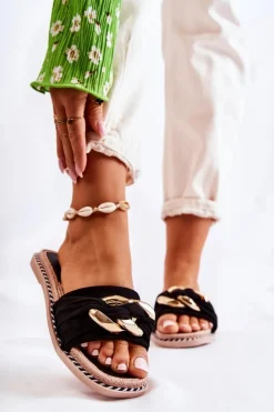 Damskie Boto Zamszowe Klapki Z Ozdobnym Łańcuchem Czarne Louie