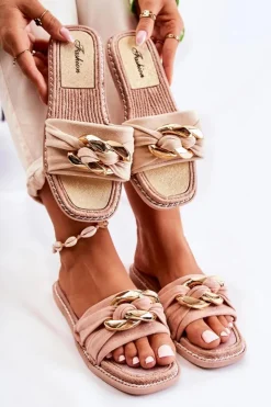 Best Boto Zamszowe Klapki Z Ozdobnym Łańcuchem Beżowe Louie