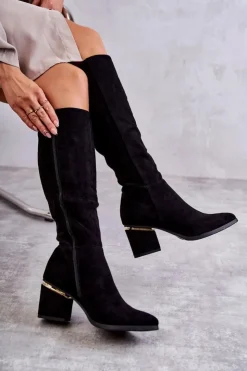 Boto Kozaki Przed Kolano|Kozaki Na Obcasie*Zamszowe Klasyczne Kozaki Na Suwak Czarne Leyette