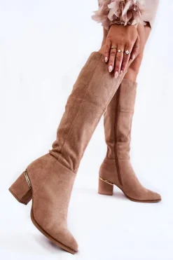 Damskie Boto Zamszowe Klasyczne Kozaki Na Suwak Beżowe Leyette