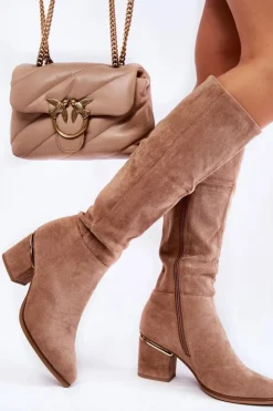 Damskie Boto Zamszowe Klasyczne Kozaki Na Suwak Beżowe Leyette