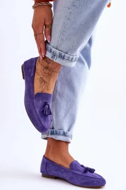 Boto Mokasyny Damskie Zamszowe*Zamszowe Klasyczne Mokasyny Z Frędzlami Fioletowe Averil