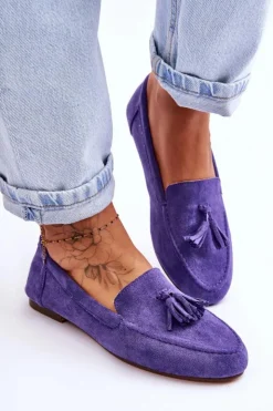 Boto Mokasyny Damskie Zamszowe*Zamszowe Klasyczne Mokasyny Z Frędzlami Fioletowe Averil