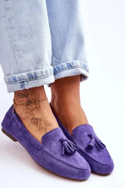 Boto Mokasyny Damskie Zamszowe*Zamszowe Klasyczne Mokasyny Z Frędzlami Fioletowe Averil