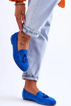 Damskie Boto Zamszowe Klasyczne Mokasyny Z Frędzlami Niebieskie Averil