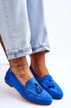 Damskie Boto Zamszowe Klasyczne Mokasyny Z Frędzlami Niebieskie Averil